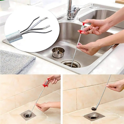 79 Inch Flexible Drain Snake Clog Remover For Toilet, Sewer, Shower, Kitchen And Bathroom Drains shown in multiple uses