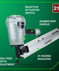 Framing Nailer 21 Degree Plastic Collated Lightweight 7.5 Lb Pro Power Tool with rubber grip handle and tool-free depth adjust
