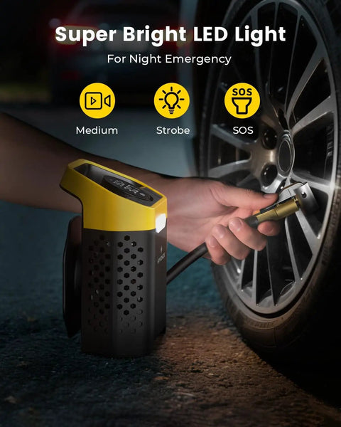 Cordless 160 PSI Tire Inflator Portable Air Pump With Digital Gauge And LED Light inflating car tire at night