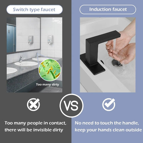 Comparison between manual switch faucet and Touchless Bathroom Faucet Matte Black With Motion Sensor Hands Free Sink Faucet