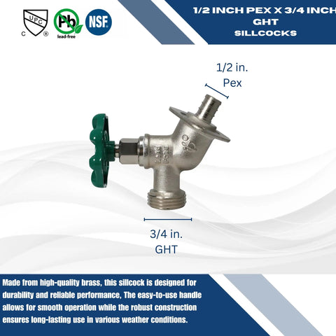 Image of Half Inch PEX To Three Quarter Inch GHT Sillcocks Brass Crimp Fittings For Garden Hose Threaded Connection with handle.