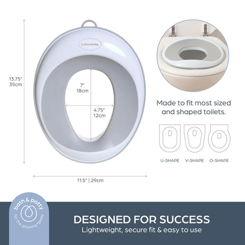 Toddler Non Slip Potty Training Seat, Ultra Soft Cushion Cover With Quick Wipe Sanitizing, Universal Fit Adapters For Round Or Elongated Toilets displayed with dimensions.