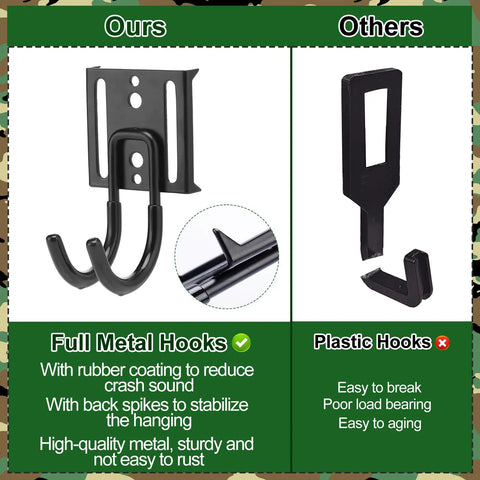 Comparison of tree stand gear hangers: metal hook with rubber coating and back spikes versus plastic hook. Tree Stand Gear Hangers With 3 Metal Hooks Thick Strap Bow Hanger For Hunting Metal Buckle Arrows Bag Archery Equipment Holder Deer Treestand Saddle Accessory Kit Keeps Gear Organized Quiet On The Stand.