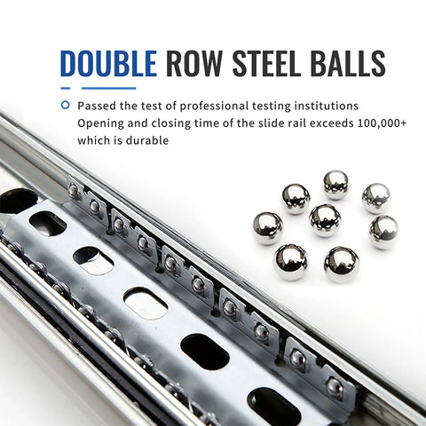 Fully Extended Ball Bearing Drawer Slides Heavy Duty Cabinet Tracks Smooth Operator Top Shelf Furniture Hardware Silver Finish 28 Inch Slide Rail One Pair showing double row steel balls for durability.