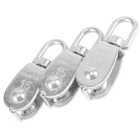 Three 20 Piece M15 Stainless Steel Single Pulley Blocks For Lifting And Towing in durable silver finish with swivel hooks