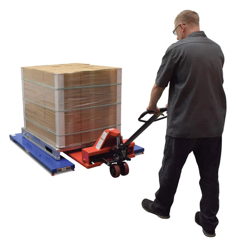 Heavy Duty Electric U Shaped Pallet Lift Table, 3000 Lb Capacity, Blue Powder Coated Steel Frame, Built Tough For Warehouse Work, No Sweat Loading And Unloading Rig Ready with pallet and jack.