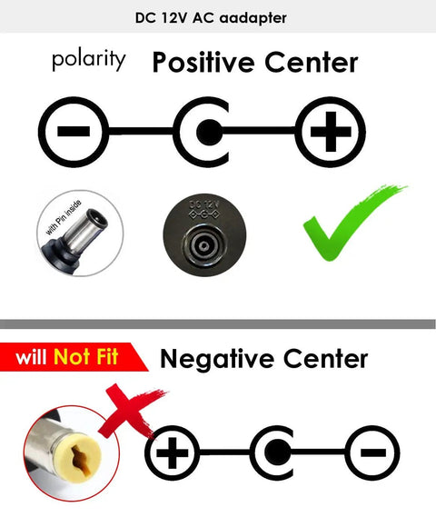 Diagram of 12 Volt Charger For Casio Privia Digital Piano Keyboard Power Adapter 100 240 Volt Input No Battery showing polarity