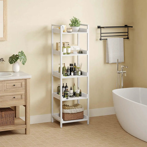 Hefty Capacity White Five Tier Bookshelf With Secure Lip Barriers Compact Wooden Storage Rack And Clean Open Display Shelves in bathroom