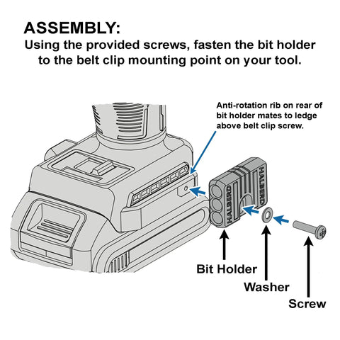 Universal Magnetic Bit Holder Two Pack For Drill Pros That Clamps To Belt Clip Or Screw And Lets You Mount Left Or Right Side diagram