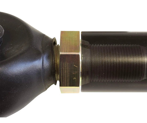 Adjustable Track Bar For Ram 2500 4x4 And Ram 3500 4x4 2013 And Newer Beefed Up Front Axle Centering Up To 3 Inches Tightens Steering Feel Improves Alignment And Extends Service Life., black steel threaded track bar end with hex adjuster close-up