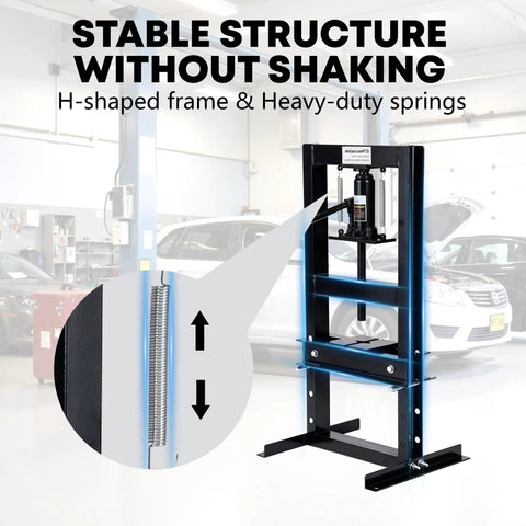 6 Ton Hydraulic H Frame Shop Press with Adjustable Table and Stamping Plates, shown in auto repair garage setting