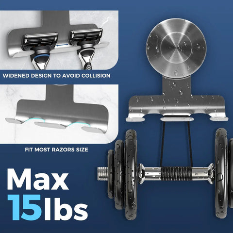 Heavy-Duty Shower Razor Holder With 7KG Suction showing rust-resistant metal shaver hooks, removable damage-free mount for two razors