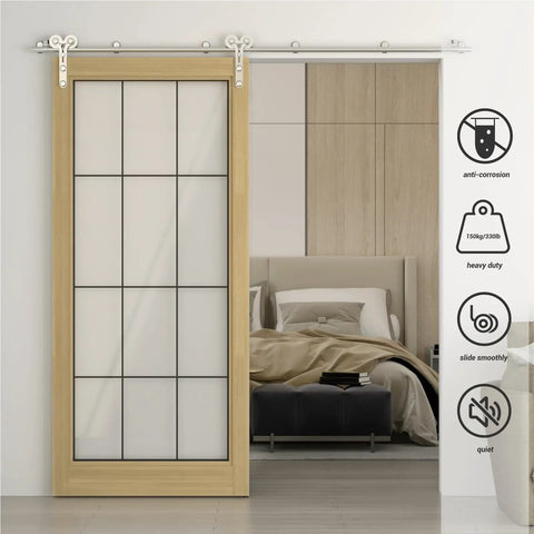 Six Foot Sliding Barn Door Hardware Kit With Stainless Steel Track For A Single Door Ultra Smooth And Quiet Operation Fits 36 Inch Panels Y Shape Hangers Supports Up To 220 Lbs Includes Track Hangers Rollers Connector, featuring wood door and steel track in bedroom