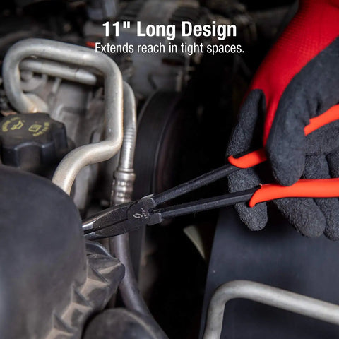 11-inch pliers from 7 Piece Long Reach Pliers Set With Non Slip Comfort Grips And Red Handles for grabbing in tight spots