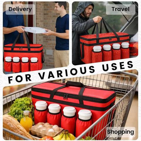 Insulated Food Delivery Bag With Four Cup Holders XXXL Large Commercial Grade Cooler Bag Keeps Food Hot Or Cold Red in use