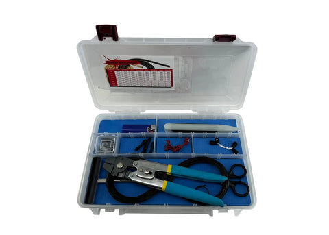 Speargun Rigging And Repair Kit For Grab And Go Spearfishing Tool Box with stainless scissors and lighter in a waterproof case.