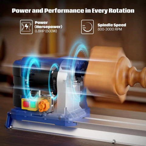 Badass Benchtop Wood Lathe Featuring A Solid 600 Watt Motor For Effortless Spinning And Flawless Detail Work Made For Weekend Tinkerers And Pro Level Woodcrafting Pros displayed with its motor and spinning wood detail.
