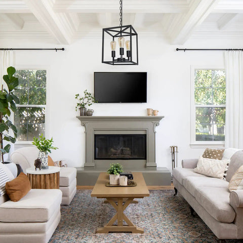 Industrial Farmhouse Plug In Pendant Light With 16.9ft Cord above living room, modern rustic vibe, black square chandelier.
