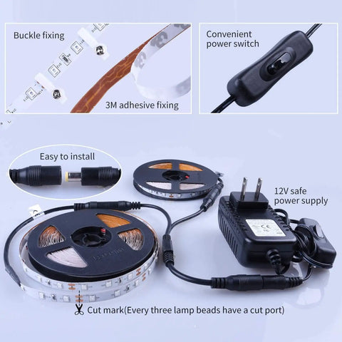 Image showing 40 Foot LED Blacklight Strip Kit With 720 LEDs, 12V Flexible, Cuttable And Easy Install, with adhesive and power supply.