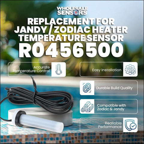 Pool And Spa Temperature Sensor Replacement For R0456500 shown with cable and installation details.
