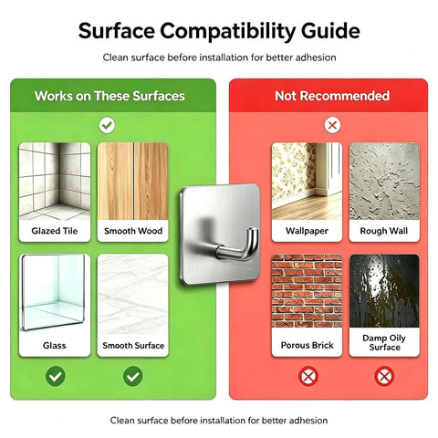 Surface compatibility guide for Rock Solid Self Adhesive Wall Hooks Crafted From Premium Stainless Steel For Zero Drill Wall Mounting And Effortless Home Organization With A Smooth Silver Look Set Of Four.