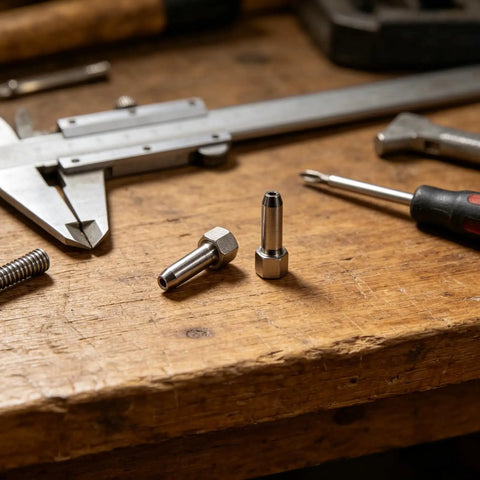 Two Piece Grease Tool Kit With Steel Tip Nozzles For Precision Greasing on a wooden workbench with tools