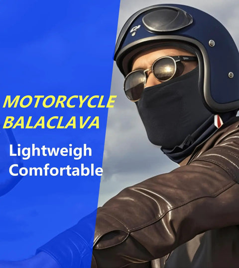 Person wearing Cooling Ice Silk Balaclava Face Mask With Glasses Holes For Men And Women, on a motorcycle, with a helmet and leather jacket