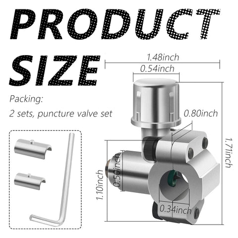 Front view of 2-piece bullet piercing valve kit with Allen key; stainless steel, fits 1/4-3/8 inch OD refrigerator pipes.