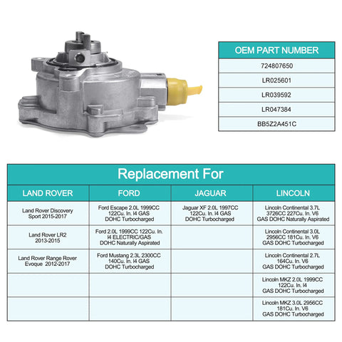 Brake booster vacuum pump, side view; silver metal housing with yellow plastic connector