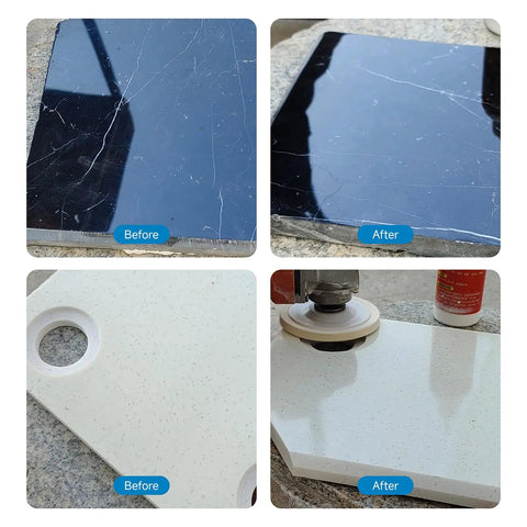 Pro Grade Granite Marble Quartz Countertop Polishing Paste And Stainless Steel Scratch Remover before and after polishing of black and white surfaces.