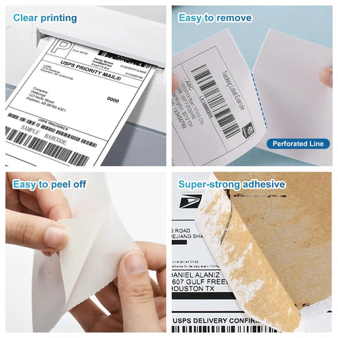 Image showing Straight Up Premium 4x6 Direct Thermal Shipping Labels Fanfold Paper With Perforated Divider Line White being printed and applied.