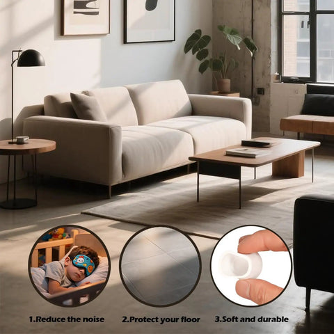 Modern living room with furniture and close-up of 10 Pack White Round Rubber Chair Leg Caps 1/2 Inch Inner Diameter Vinyl End Covers.