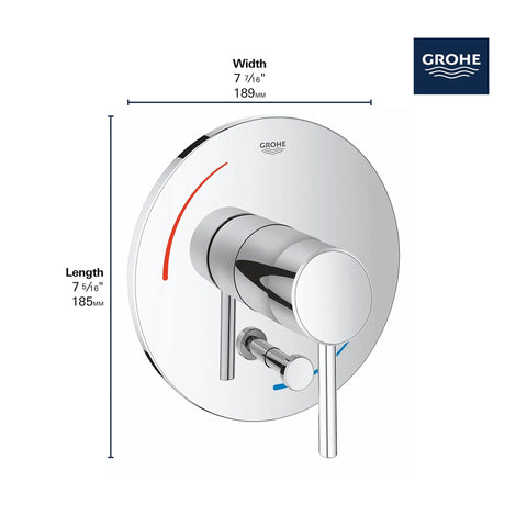 Concetto 1-Handle Pressure Balance Valve Trim With Built-In Diverter In Starlight Chrome Finish For Shower Systems, Upgrade Your Shower With Rough-In Valve 35 016 Or 35 033, Scratch-Resistant, Easy-Adjust Temperature Control, Modern Look, showing dimensions and logo