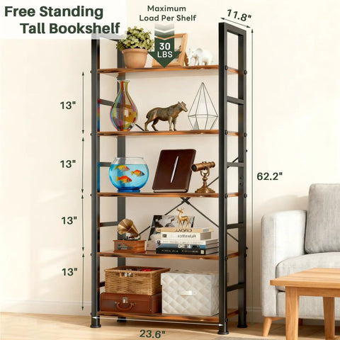 Industrial 5 Tier Bookshelf With Sturdy Metal Frame And Open Wooden Shelves Free Standing Bookcase For Living Room Bedroom And Office Heavy Duty Display Rack 62.2 Inches Tall Brown showcasing decor items.