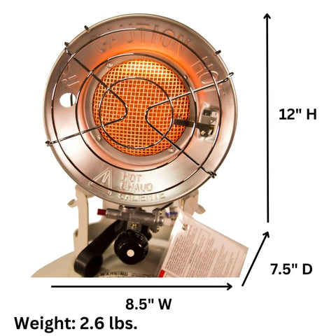 Front view of Tank Top Propane Heater For Outdoor Job Sites, 9,000 13,000 15,000 BTU Portable Space Heater with dimensions