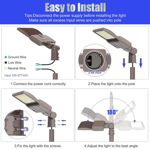 Installation steps for 150W LED Pole Light Dusk To Dawn With Slip Fitter, 21000 Lumens, IP65 Outdoor Stadium Lighting, UL Listed.