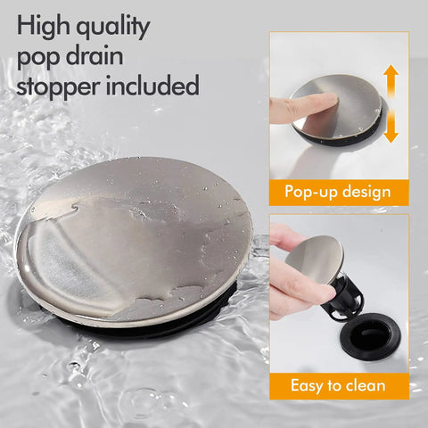 Close-up of high-quality pop drain stopper included with Lead Free Brushed Nickel 4 Inch Two Handle Bathroom Sink Faucet.