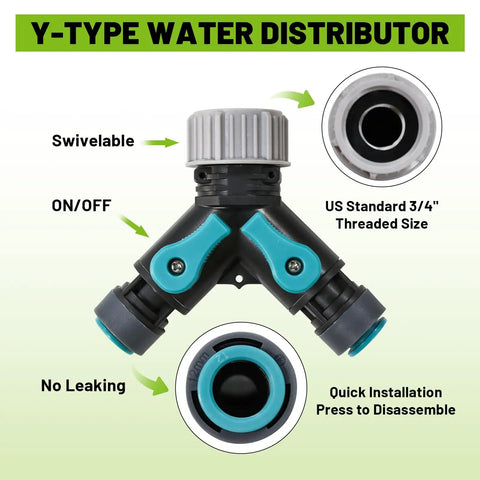 Y-type water distributor with swivelable valves and US standard 3/4 threaded size, part of Drip Irrigation Kit Easy Install Auto Watering