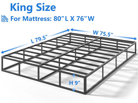 Rock Solid King Size Box Spring, Nine Inch Heavy Duty Steel Mattress Foundation with dimensions 80"L x 76"W, 9"H.