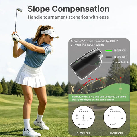 Golf Rangefinder With Slope Compensation And 1200 Yard Range, Compact Leather Exterior Device showing slope feature and golfer in action.