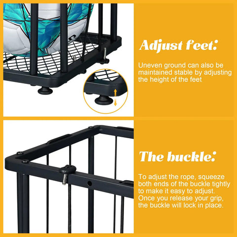 Heavy Duty Garage Ball Storage Rack With No Fuss Elastic Strap Wall Mount Or Floor Stand Option For Basketball Soccer Football Volleyball Gear In Matte Black, adjustable feet and buckle detail.