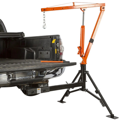 Straight Up Heavy Duty Hitch Mounted Jib Crane For Pickup Trucks with adjustable legs and hydraulic hoist in truck bed.