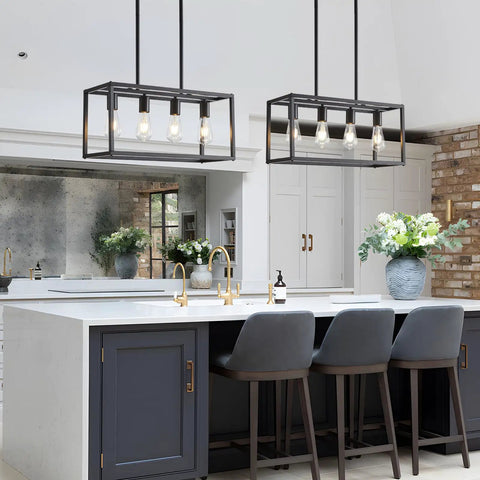 Black Farmhouse 4 Light Dining Room Chandelier With Rectangular Pendant Lights For Kitchen Island over modern counter