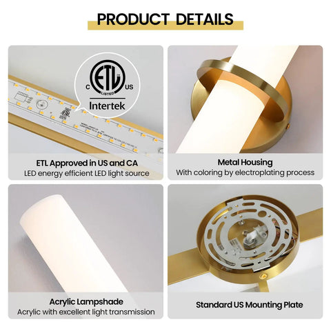 Two Pack Gold Bathroom Wall Sconces 18 Inch Modern LED Dimmable Wall Lights With Acrylic Lampshades Brushed Gold Finish details
