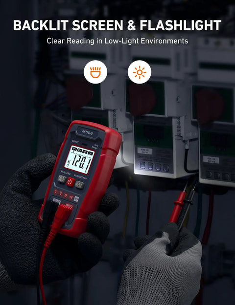Pocket Sized 4000 Count Digital Multimeter With Auto Sensing AC DC Voltage, Resistance, Continuity, NCV, Backlit Display And Built In Flashlight, No Brainer Auto Ranging For Auto And Home Troubleshooting, red in gloved hand