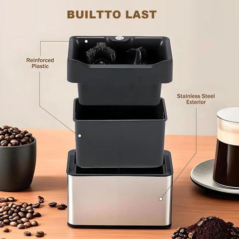 Automatic Portafilter Cleaner Machine Electric Espresso Knock Box For Chomping Coffee Pucks Fast With Durable Stainless Steel Finish. Stackable design.