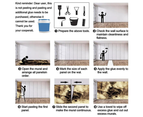 Installation steps for Retro Steam Train Wall Mural for Living Room and Bedroom, in HD silk cloth, showing preparation and application process.