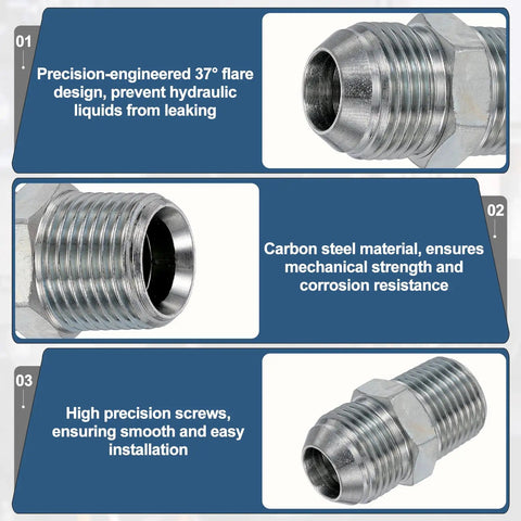 Heavy Duty Hydraulic Hose Adapter Fittings 7/8 x 14 UNF JIC 37° Flare Male To 1/2 x 14 NPT Male, Carbon Steel Straight Connector Dash Size 10, 2 Pack, close-up