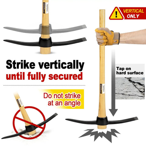 Diagram showing how to use Beefy Heavy Duty Pickaxe With Wood Handle For Digging And Chiseling Forged High Carbon Steel Head 36 Inch Length Durable Tool For Tough Groundwork For Everyday Use highlighting vertical strike and not striking at an angle, with wood handle and steel head visible.