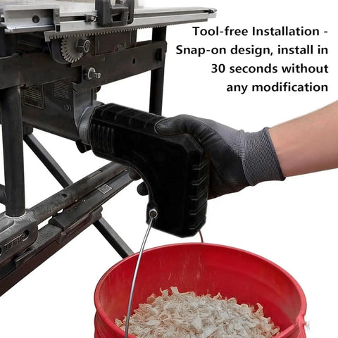 Top Shelf Table Saw Dust Collection Adapter With Dead Simple Snap On Hook Mount and Rock Solid Seal For Dwe7485 Saw Zero Wobble Dust Port Upgrade in use.